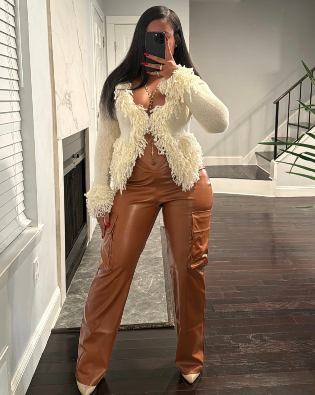 V-cut leather pants- Cognac