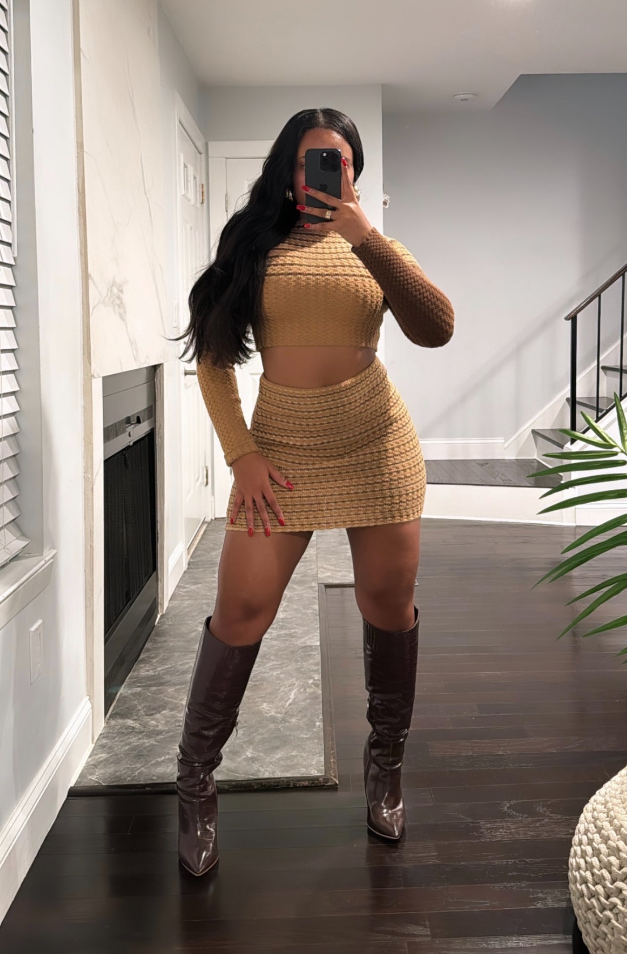 Brown Knitted Skirt Set