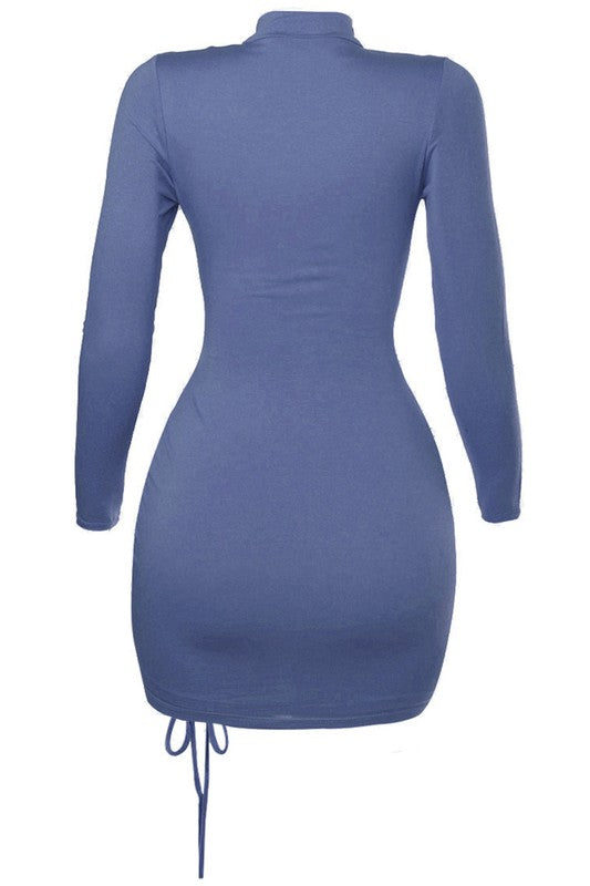 Ruched Side Long Sleeve Dress - Navy Blue