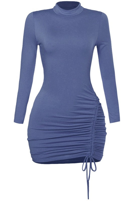 Ruched Side Long Sleeve Dress - Navy Blue