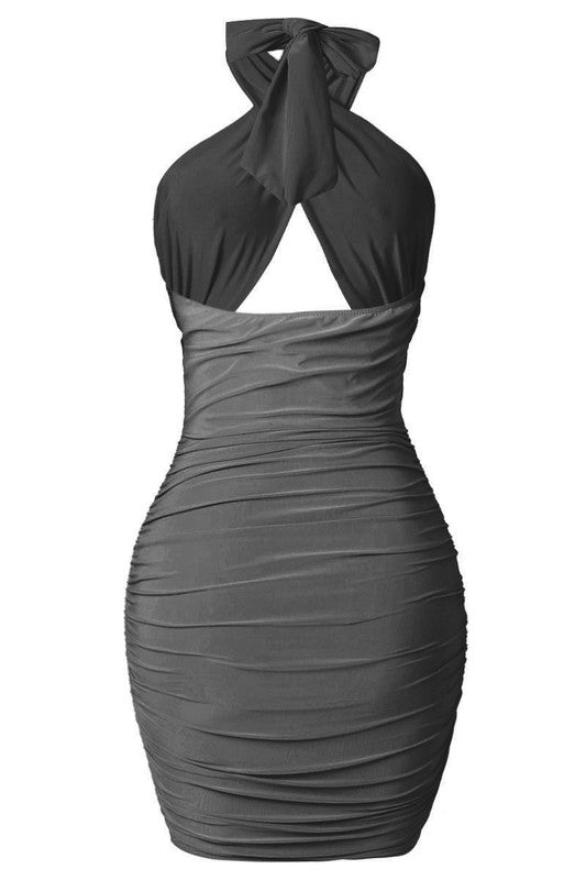 Cross Front Ruched Mini Dress - Black