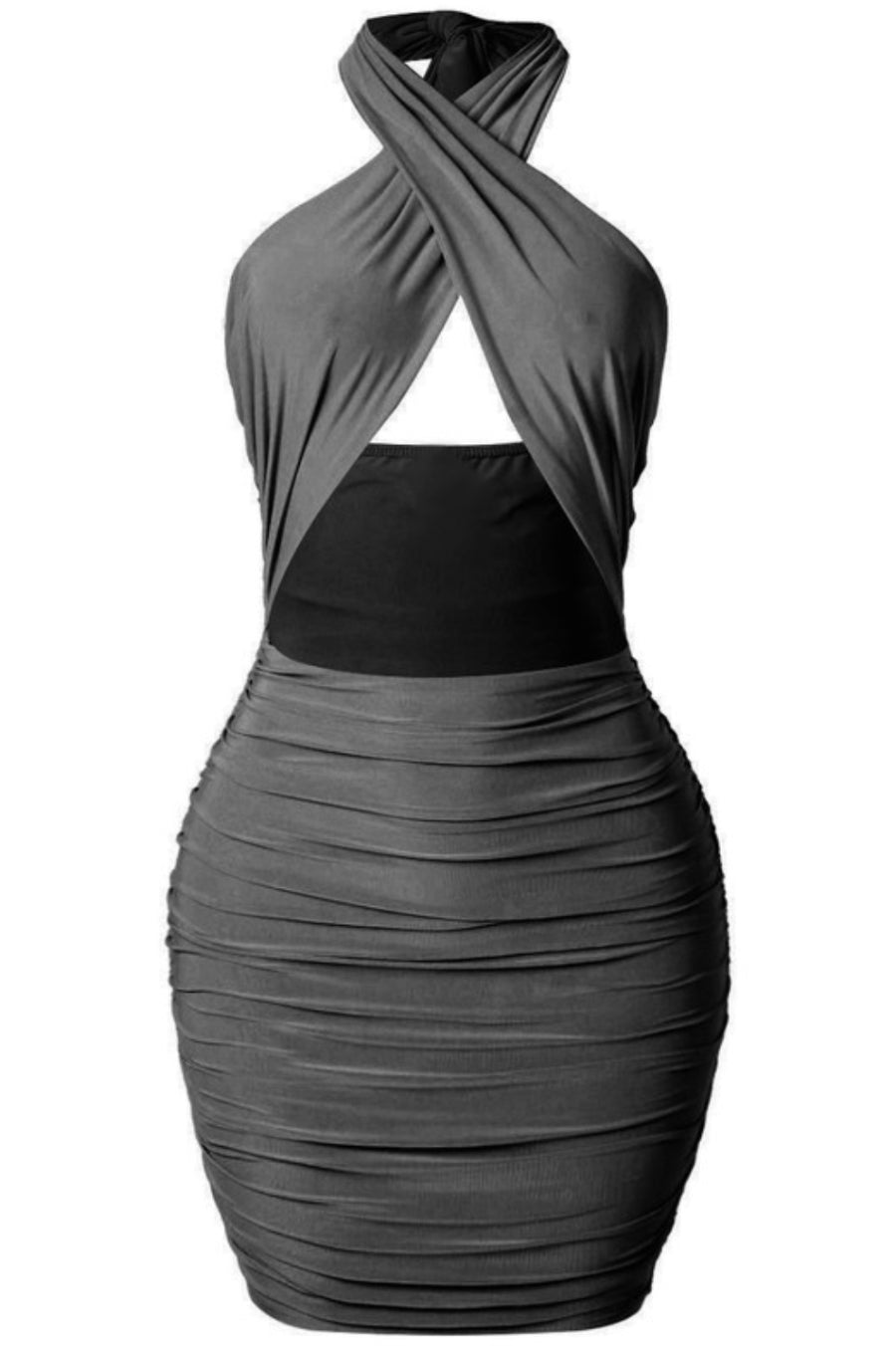 Cross Front Ruched Mini Dress - Black