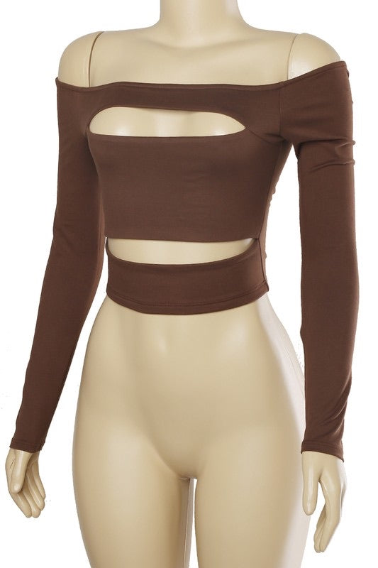 Cutout Front Crop Top - Brown