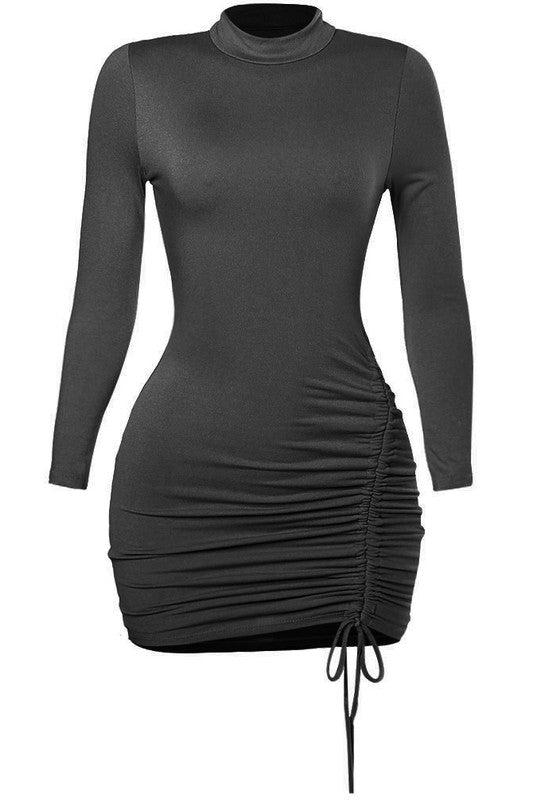 Ruched Side Long Sleeve Dress - Black