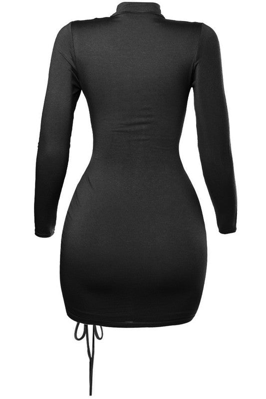 Ruched Side Long Sleeve Dress - Black