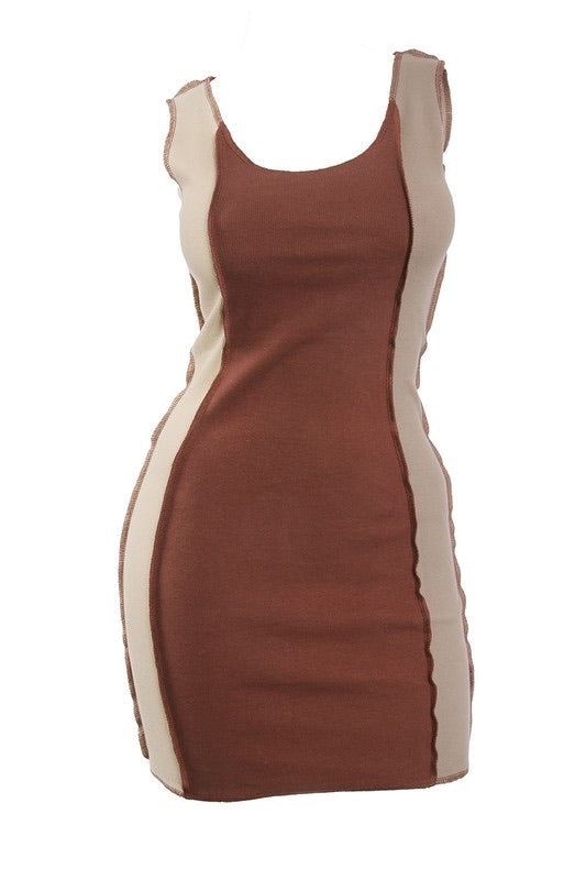 Patchwork Colorblock Dress- Brown