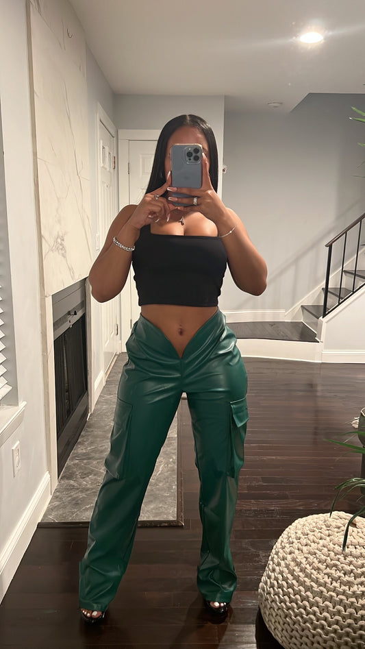 V-Cut Leather Pants - Green